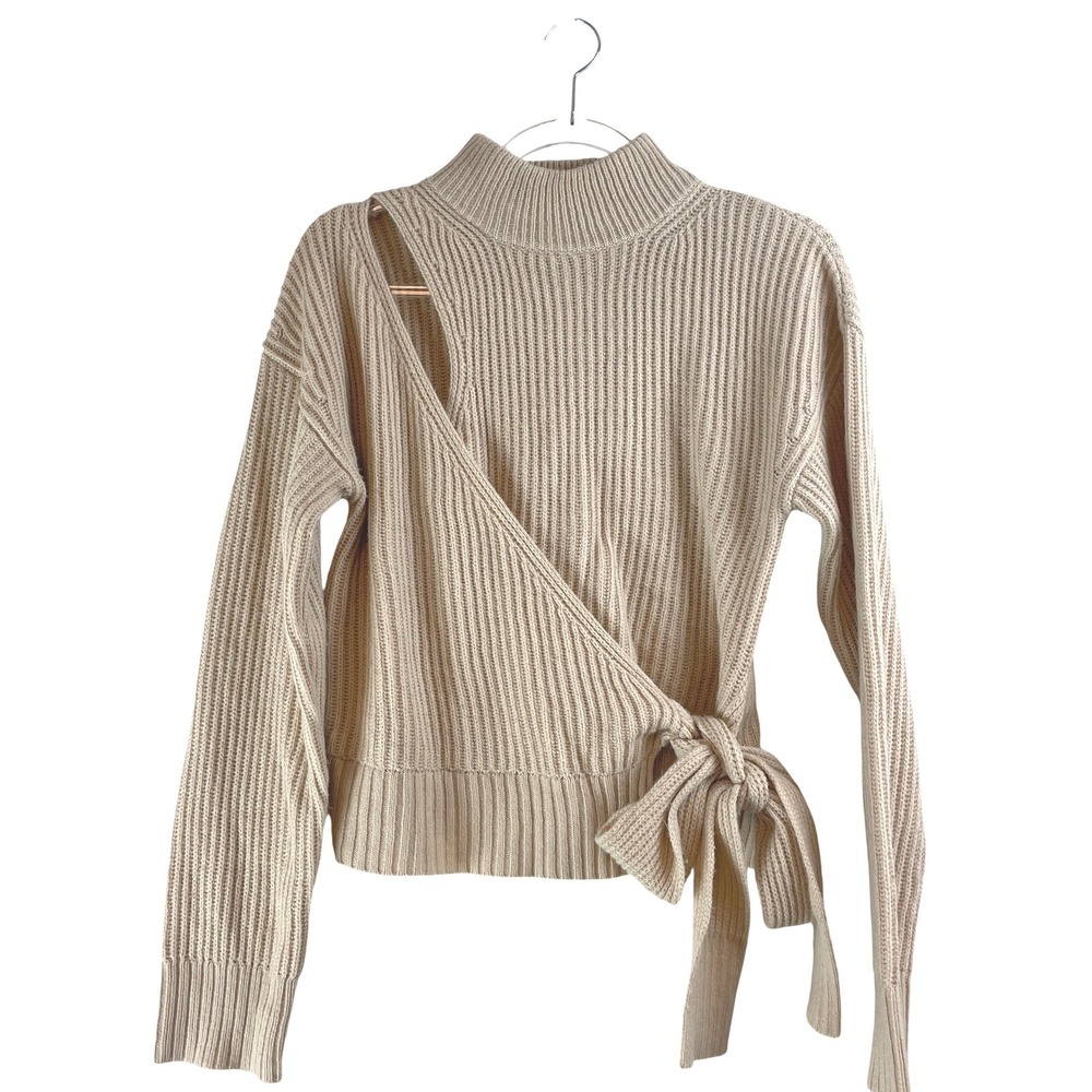 ASTR The Label Cream Ribbed Wrap Tie Shoulder Cutout Mock Neck Sweater Medium
